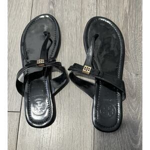 Tory Burch Black Patent Leather Logo Thong Sandals with Gold Emblem